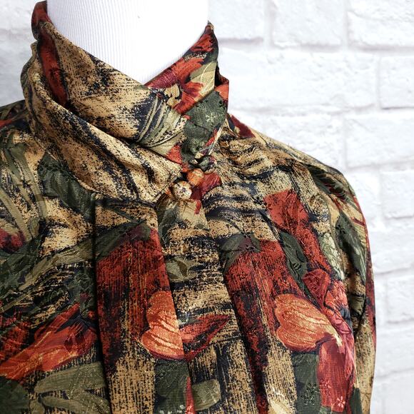 Vintage High Neck Gold Red Green Polyester Blouse Sz 6 - Picture 3 of 14